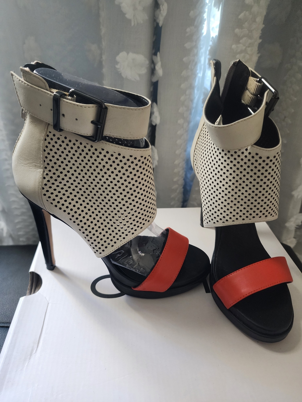 Aldo Two-Tone Perforated Ankle-Cuff High Heels - Cream & Red